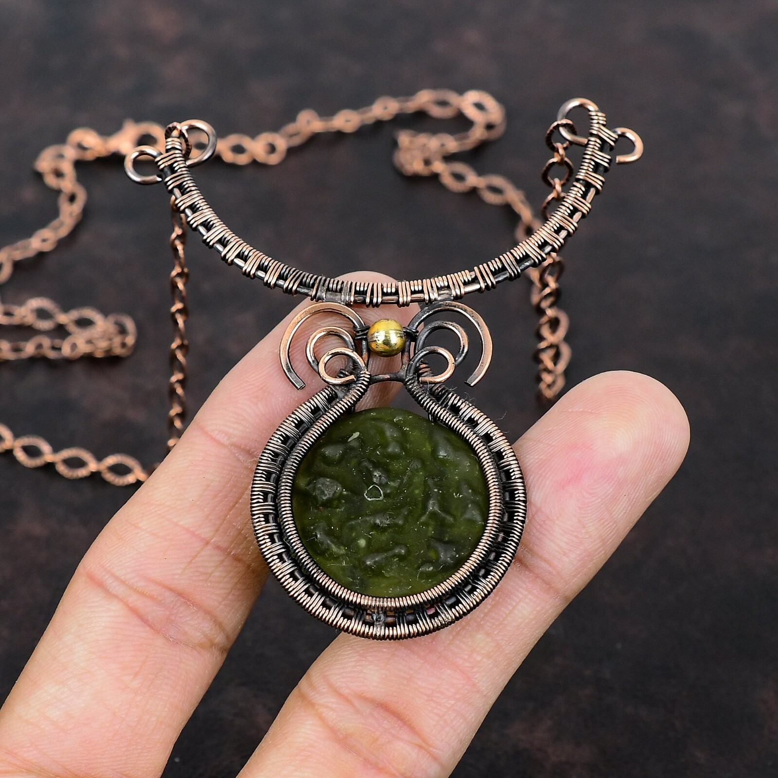 Moldavite Copper Gift For Mother Wire Wrapped Necklace Adjustable 18.0″