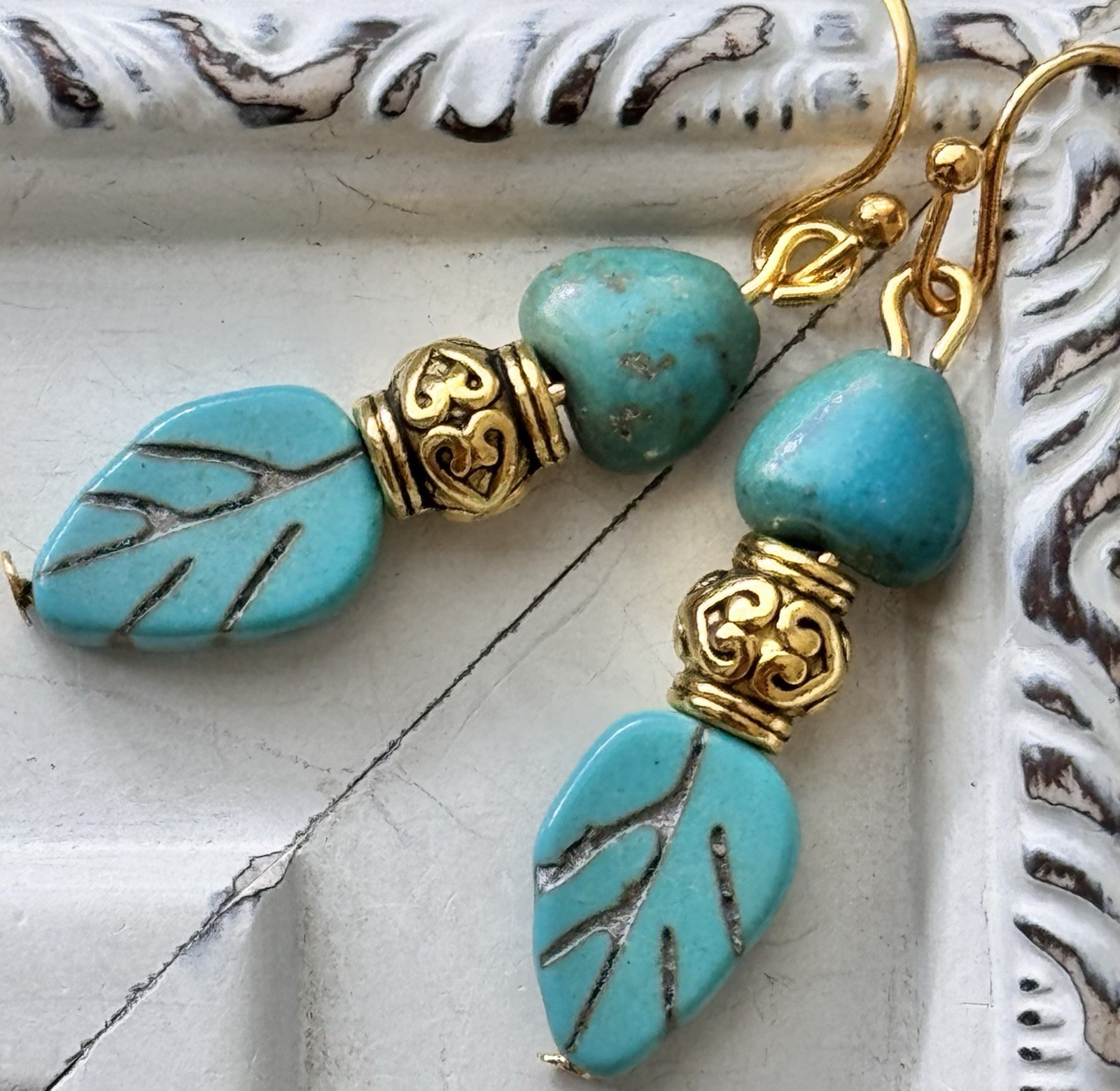 Etched Gold and Blue Howlite Leaves. Available In Bronze or Silver Upon Request