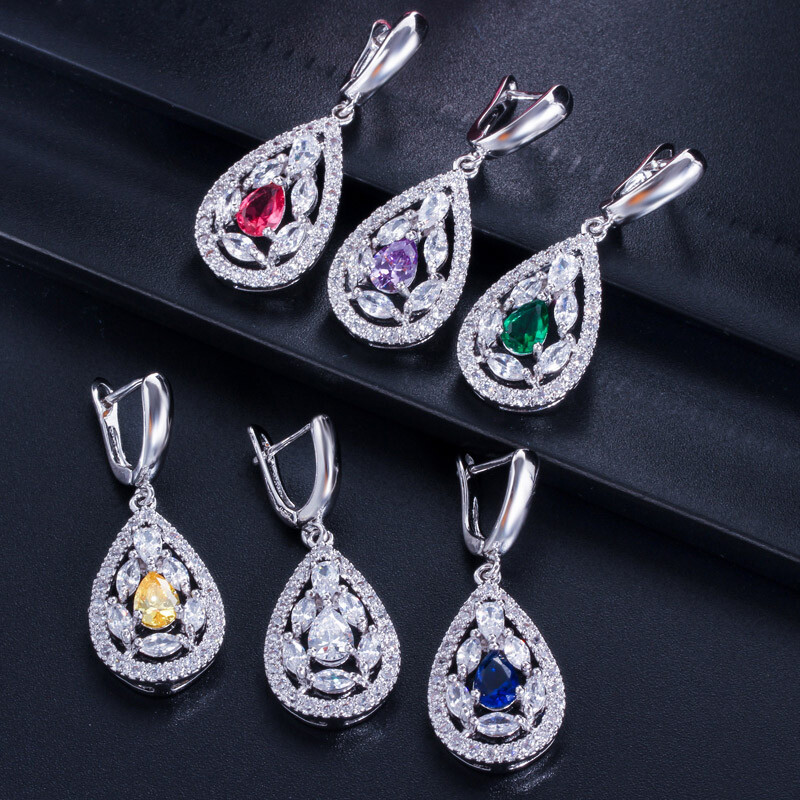 Dangle Drop Pendant Necklace Huggie Earrings Ring Silver Plated CZ Jewelry Set