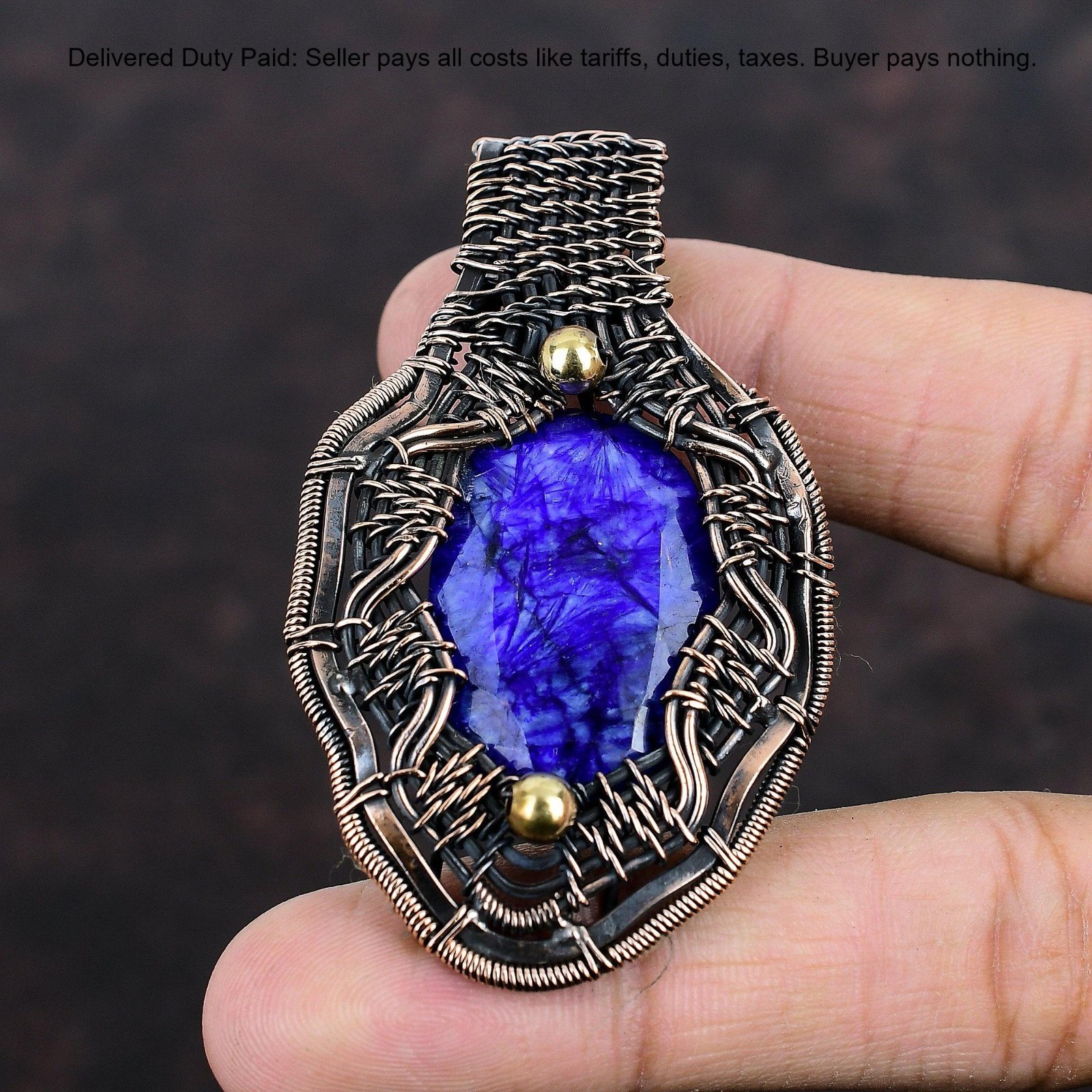 Oval Blue Saphire Gemstone Wedding Wire Wrapped Wife Boho Pendant Jewelry Copper