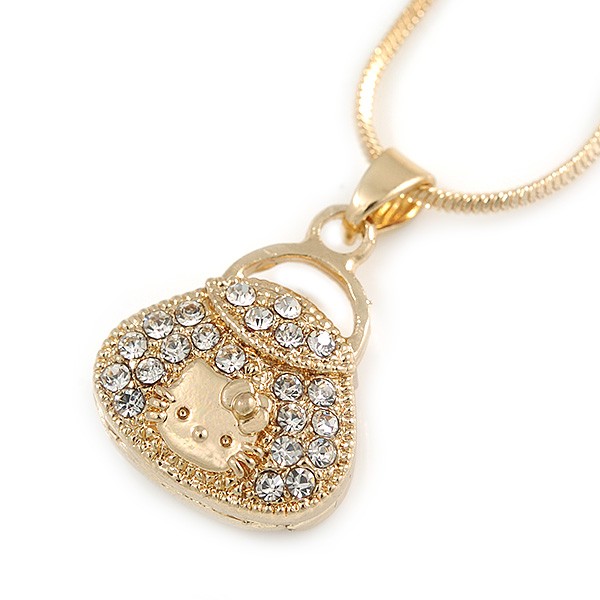 Small Fancy Crystal Bag Pendant with Gold Tone Snake Type Chain – 42cm L/ 5cm