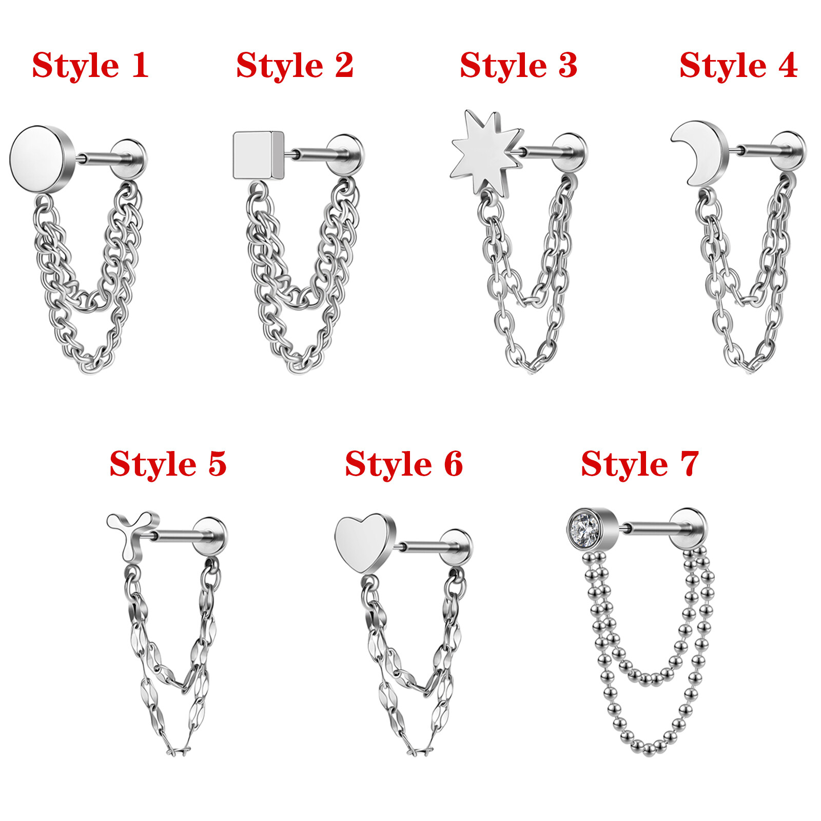 1 Pair 16g Stainless Steel Stud Earrings with Chain Cartilage Earrings Jewelry
