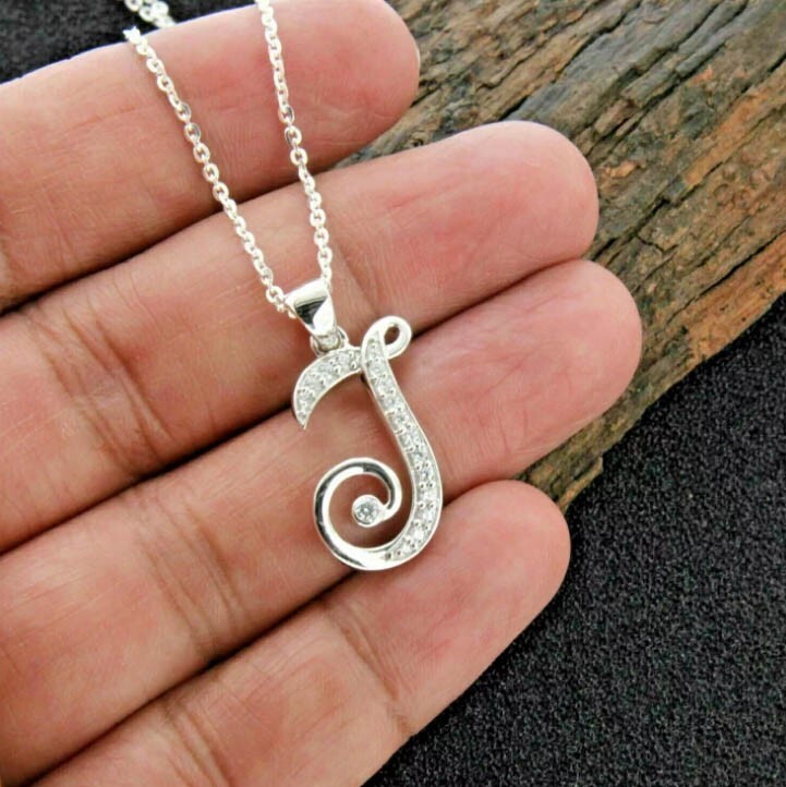 0.34Ct Round CuDiamond Initial Letter-J Pendant 14K White Gold Finish Free Chain