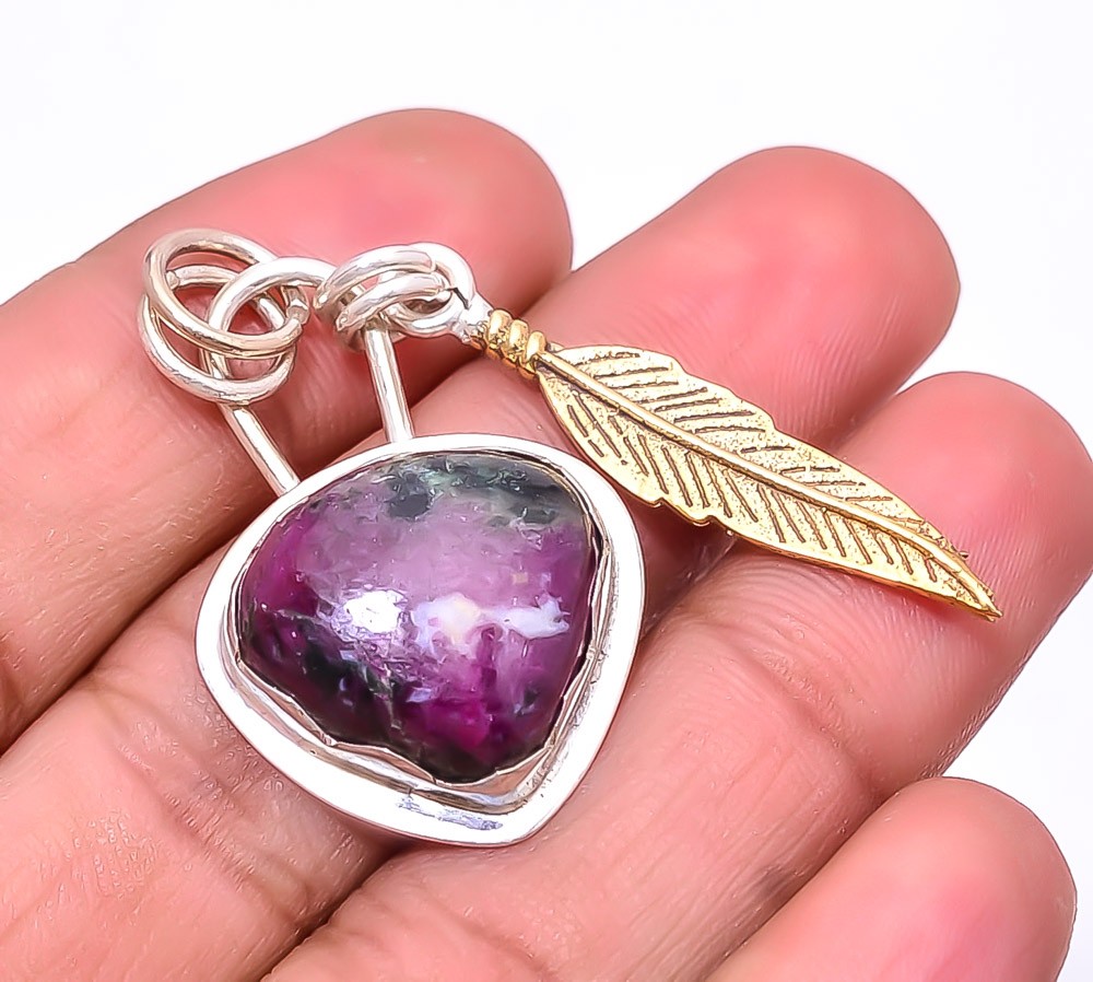 Ruby With Zoisite 925 Sterling Silver Two Tone Pendant 1.56″, Christmas Gift