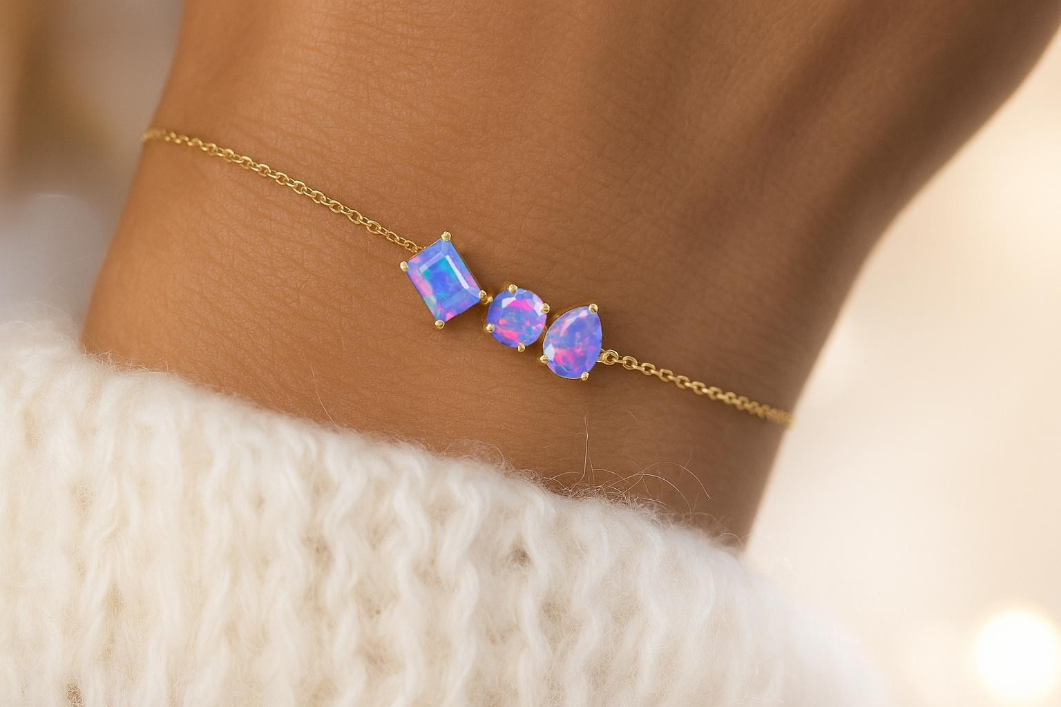 Lavender Opal Three Stone Gold Chain Bracelet, 925 Sterling Silver Layering