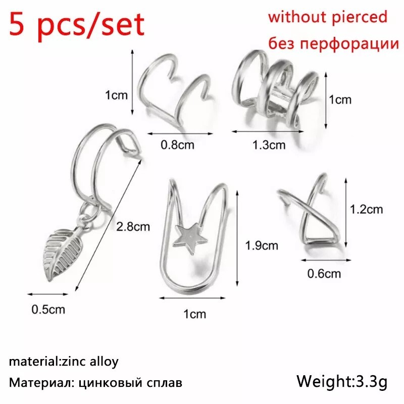 New 5pc Gold Silver Color Metal Ear Cuff Non-Piercing Ear Clips Earrings Jewelry