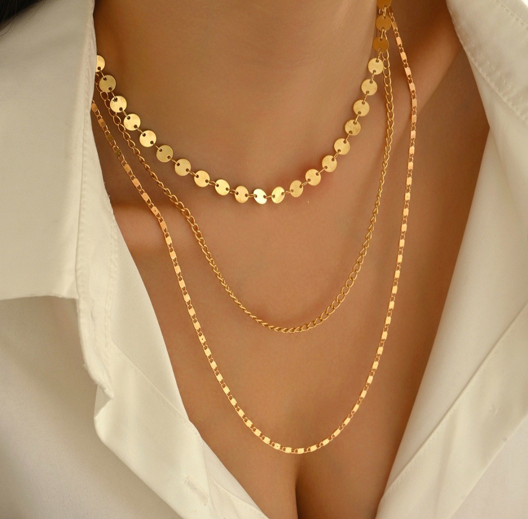 3PCS Gold Layered Necklace Set Coin Disc Chain Snake Chain Minimalist Jewelry