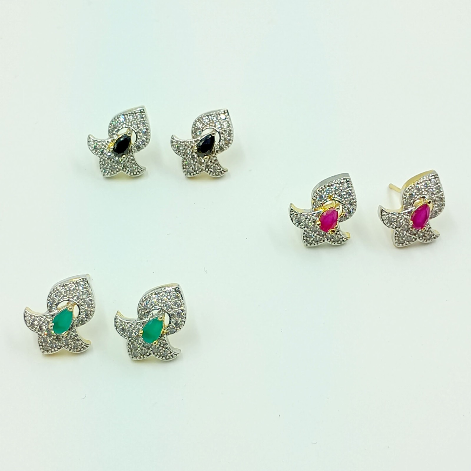 Gold Plated Stud Earrings Ruby Emerald Black Onyx CZ South Indian Wedding Style