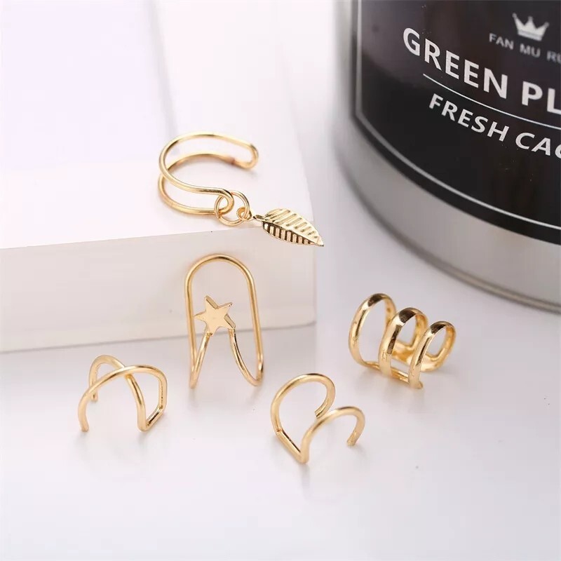 New 5pc Gold Silver Color Metal Ear Cuff Non-Piercing Ear Clips Earrings Jewelry