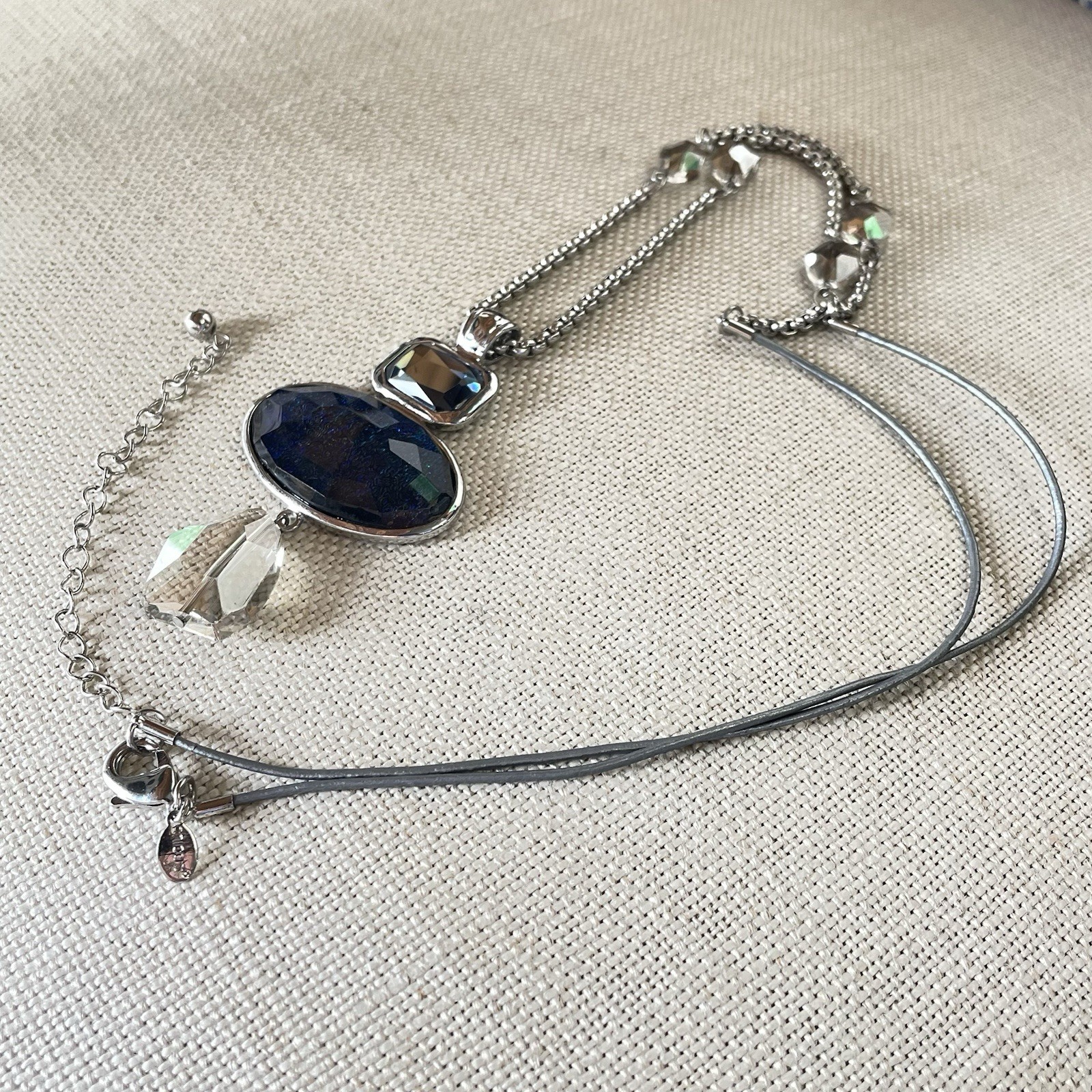 Chico’s Silver Tone Textured Chain Gray Cord Blue Jewel Charm Necklace Chic 34”