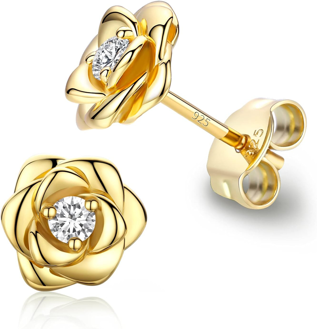 Gold Plated Sterling Silver Rose Flower Earring Studs, Hypoallergenic & Nickel F