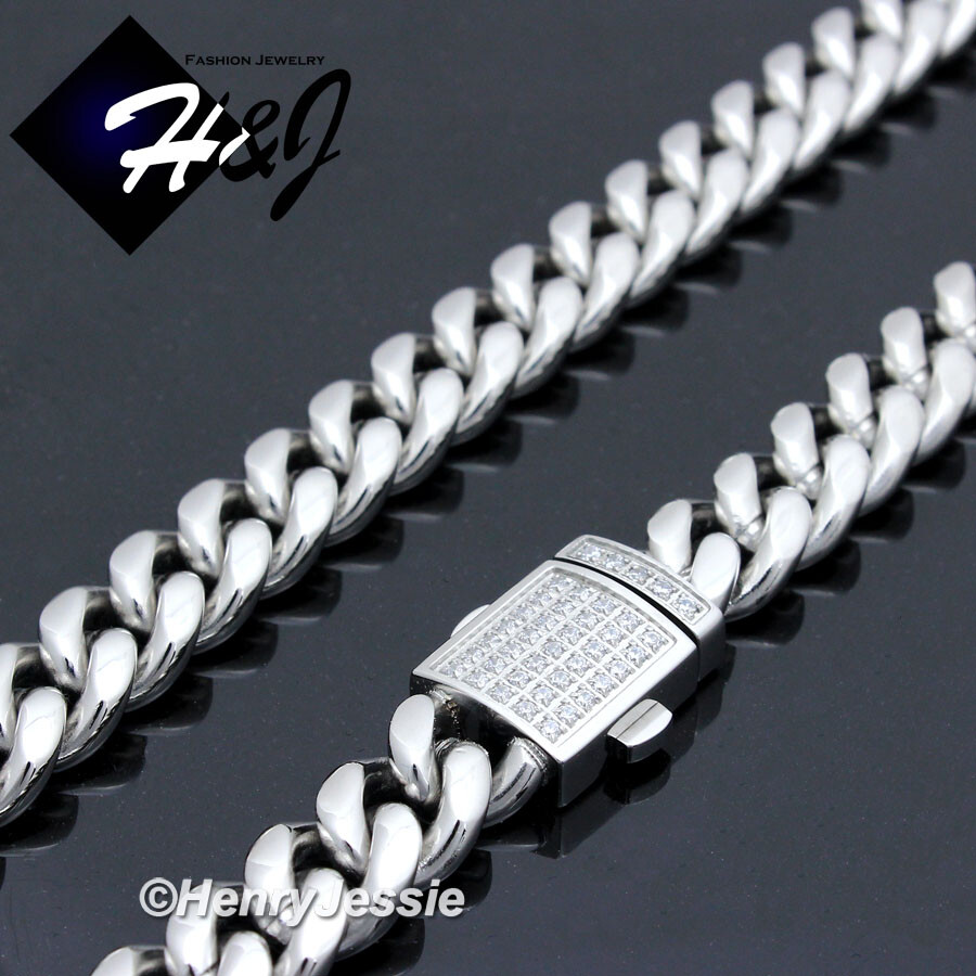 18″-40″MEN Stainless Steel 12mm Silver Icy CZ Miami Cuban Curb Necklace*N165