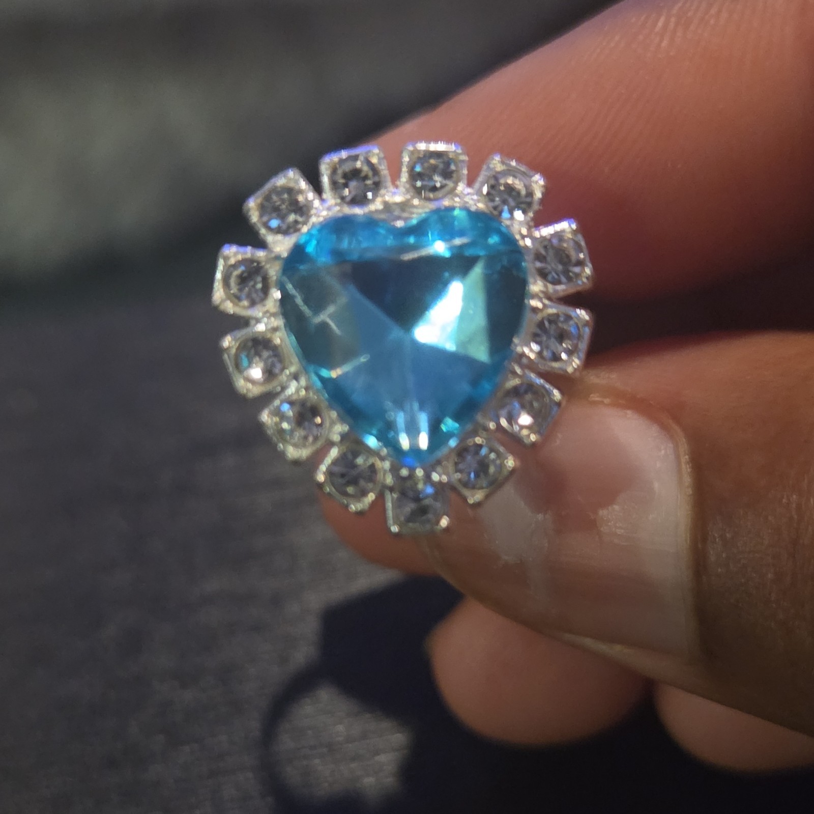 Stainless Steel Silver Tone Blue Heart Stone Halo Cocktail Ring Size 8 Love