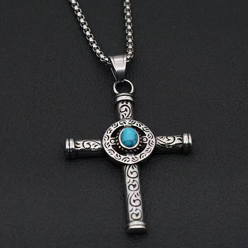 Men Silver Turquoise Celtic Cross Pendant Necklace Chain Religious Jewelry Gift