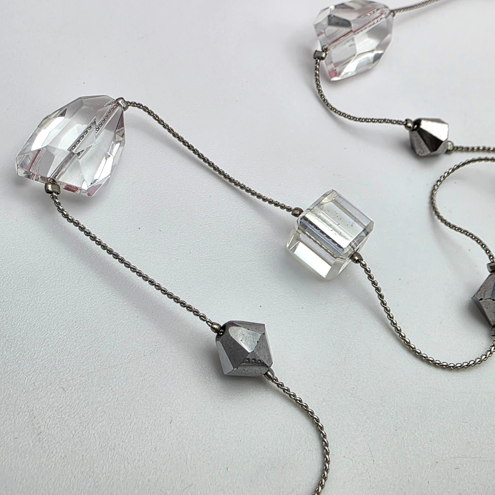 Premier Designs Clear Smoke Glass Station Necklace Silver Tone 52 In adj. Opera