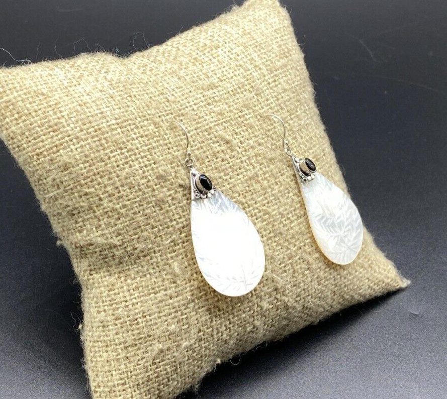 SAMUEL B.-Sterling Silver Onyx Floral Etched MOP Teardrop Dangle Earrings