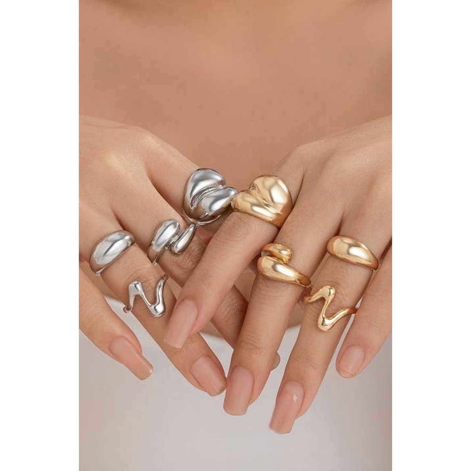 Abstract Boho Ring Set – 4-Piece Silver Adjustable Stackable Rings
