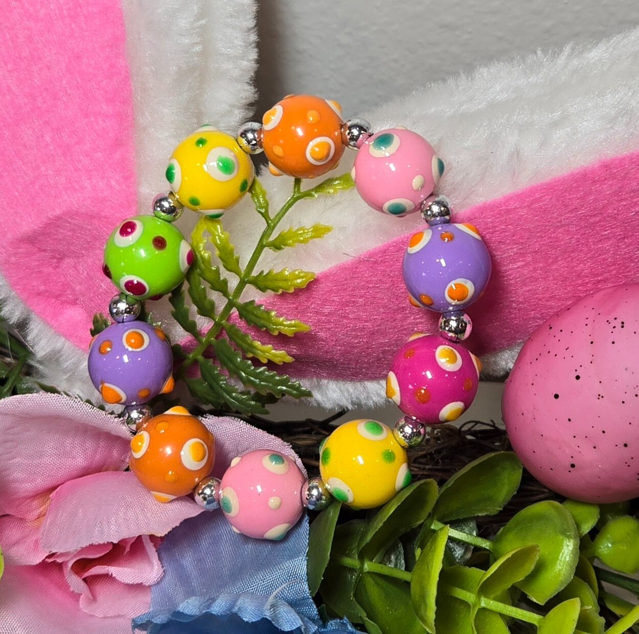 Easter Bracelets Spring Bracelet Colorful Egg Polka Dot Flowers Bracelets 6 pcs
