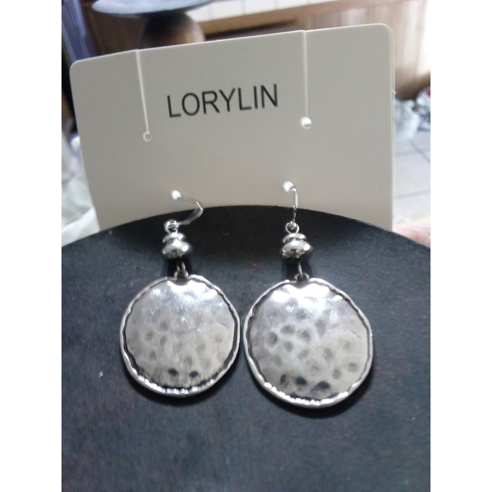 Silver Tone Hammered Circle Drop Earrings