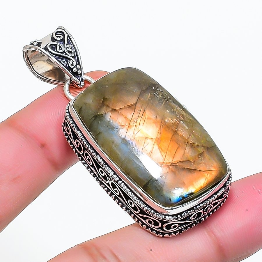 Blue Fire Labradorite Gemstone Pendant Handmade Gift Vintage Jewelry 2.3″ VP 361