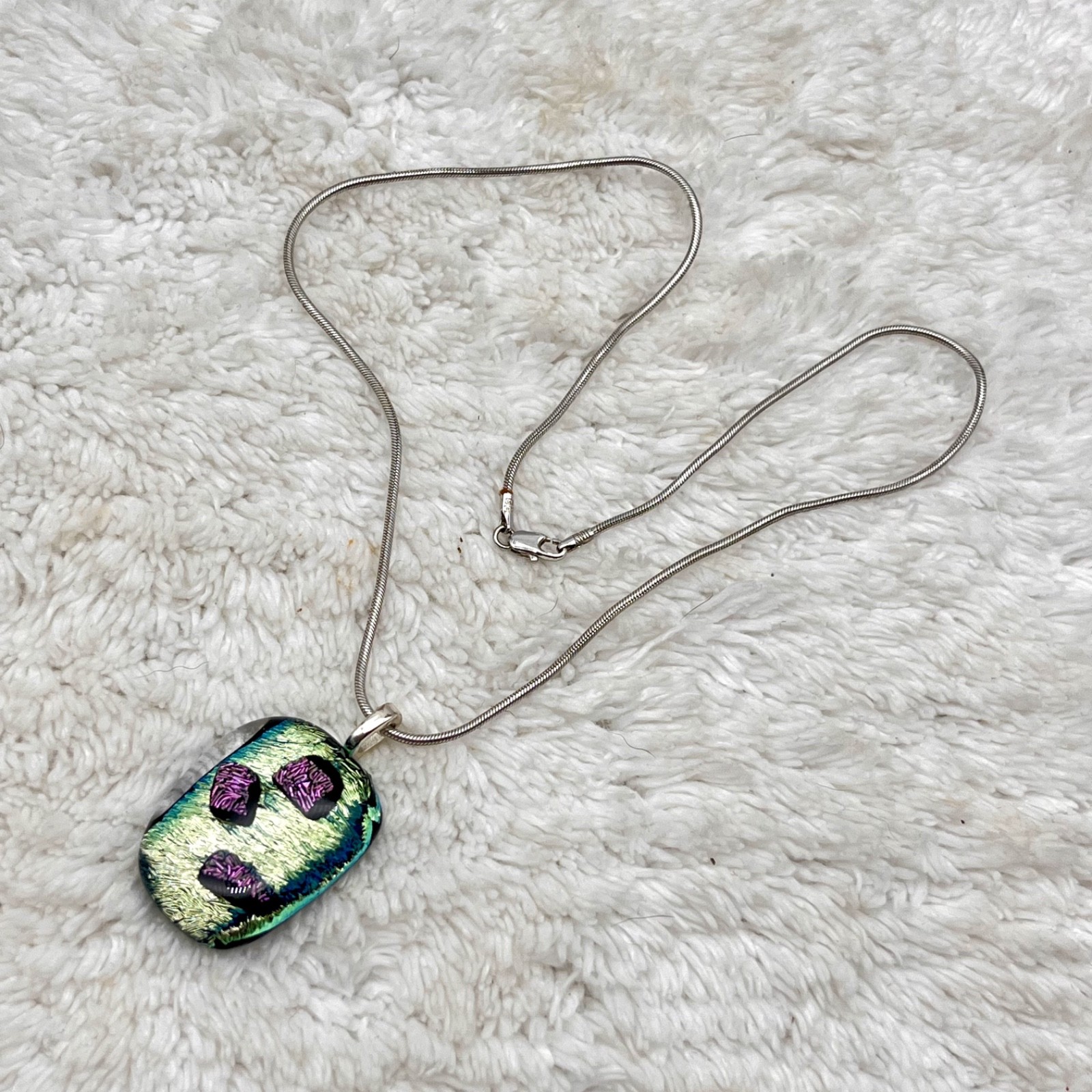 Dichroic Art Glass Pendant Necklace Iridescent Green Purple Black Snake Chain