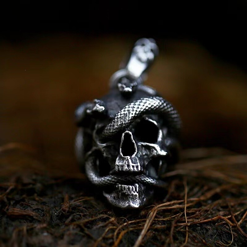Gothic Retro Silver Snake Skull Pendant Necklace Punk Jewelry Stainless Steel