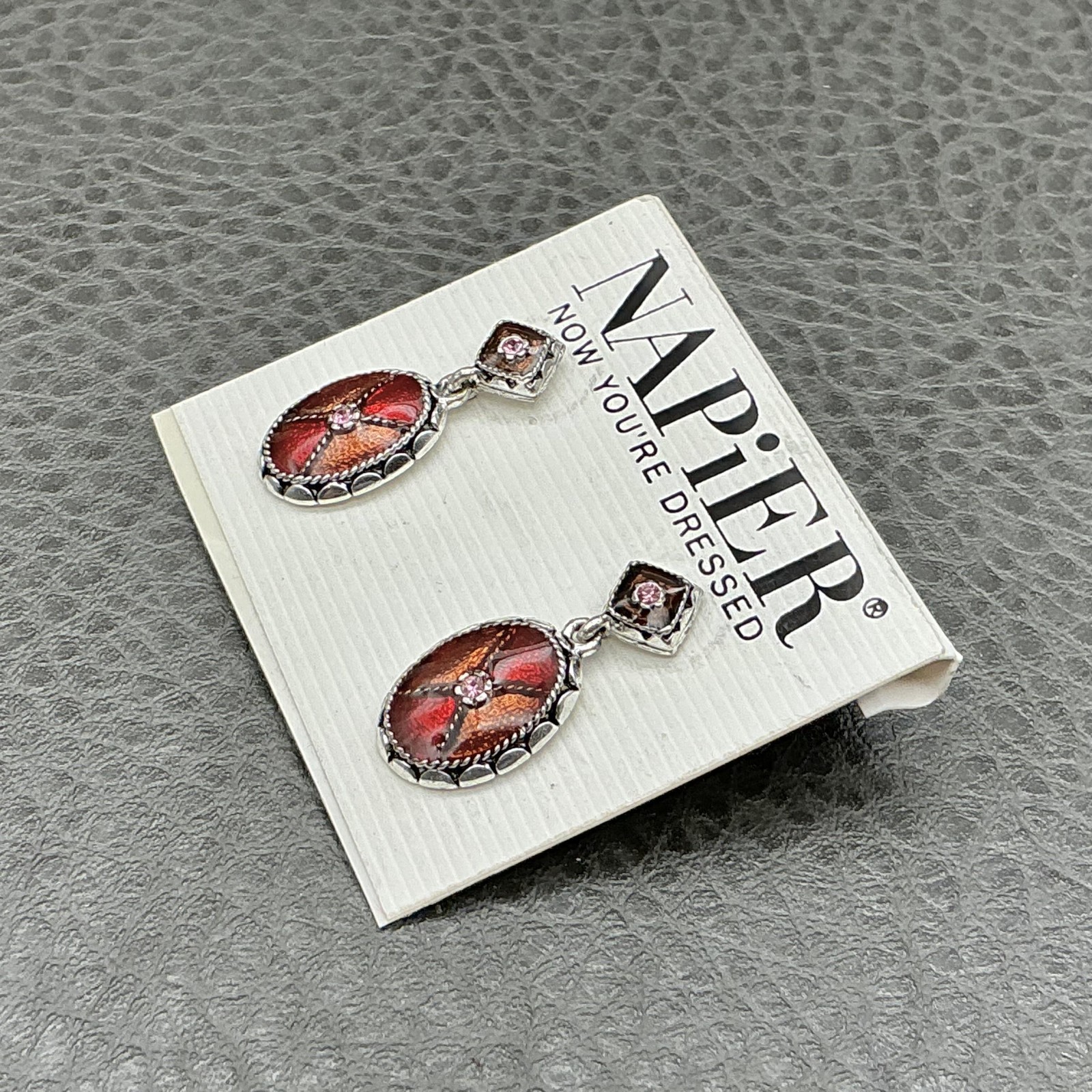 Napier Earrings Red Oval Dangle Drop Womens Enamel Pink Crystal Jewelry 1 Inch