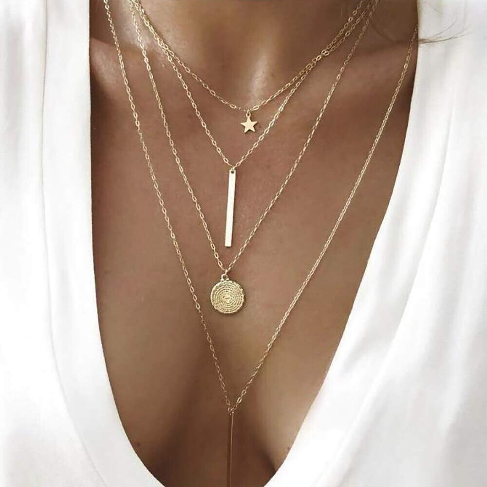 Four (4) Layered Multi Chain Gold Necklace, Column, Pendant and Star