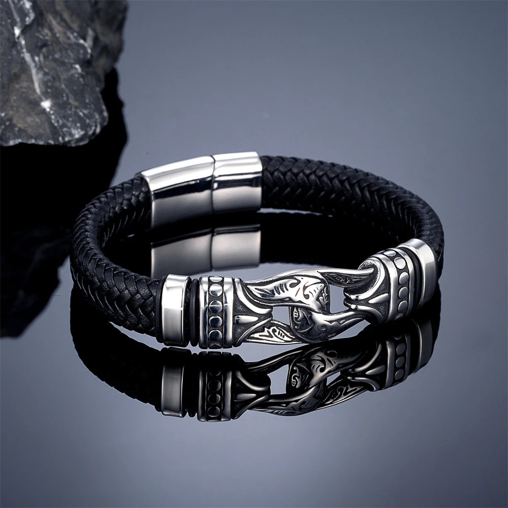 Handmade Leather Weaved Men’s Bracelets Stainless Stee Infinity Viking Charm.