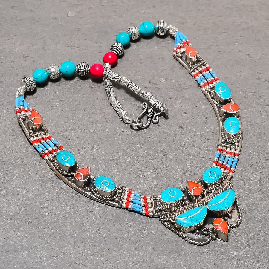 Tibetan Turquoise Red Coral Nepalese Handmade Jewelry Nepali Necklace 18″ SR110