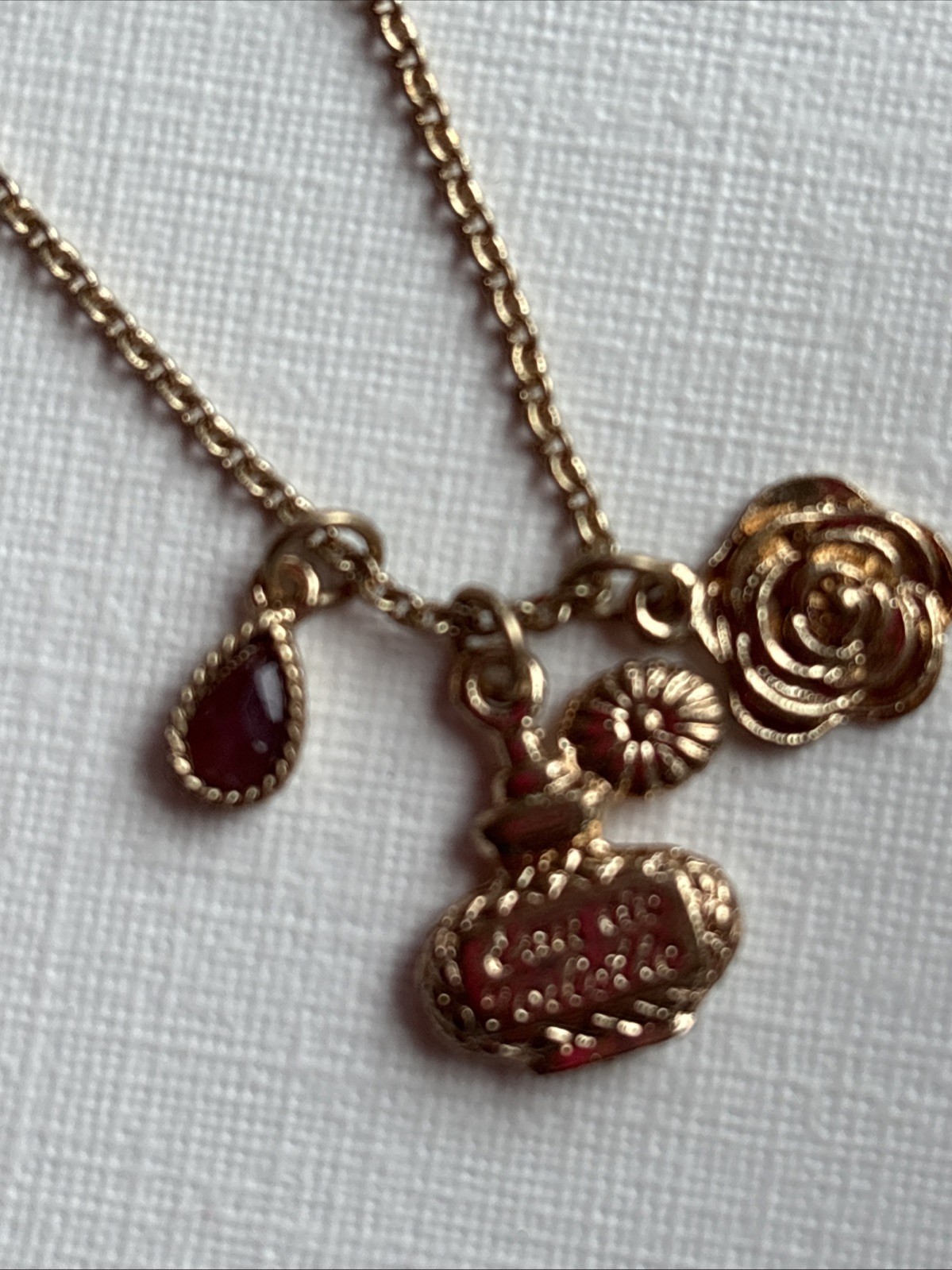 Miriam Haskell 3 Charm Necklace 18-20” Long, Perfume Bottle, Flower Pink Gem