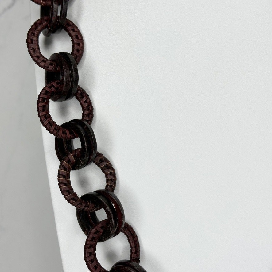 Dark Brown Wood Ring Link Cord Wrapped Chain Necklace Boho Artisan 30″ Slip On