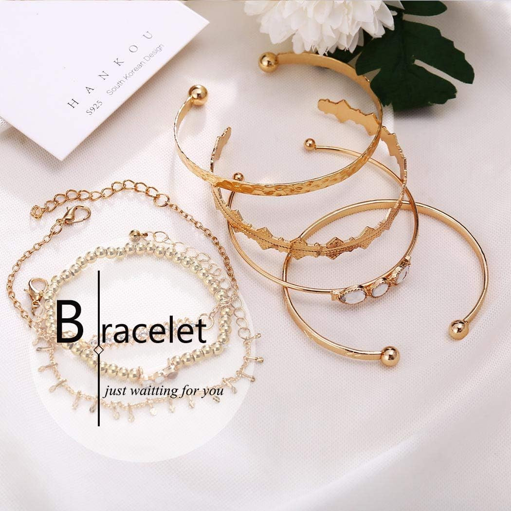 Boho Gold Cuff Bangles Bracelets Layered Stackable Chain Set Rhinestone Open Cuf