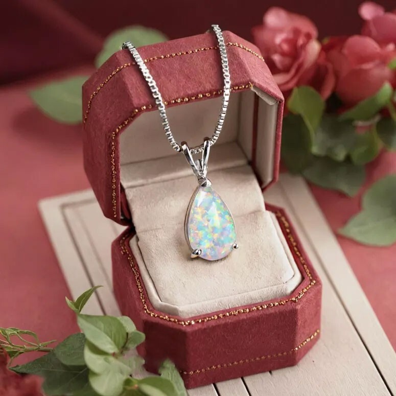 Minimalist Droplet White Fire Opal Pendant Sterling Silver Dainty Necklace Gift