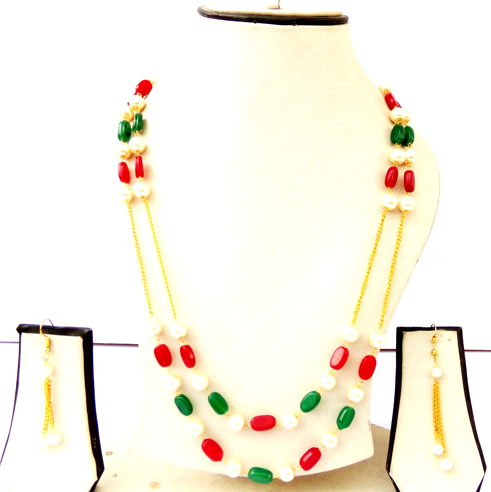 Indian Bollywood Gold Plated Pearls Mala Bridal Necklace Earrings Jewelry Set