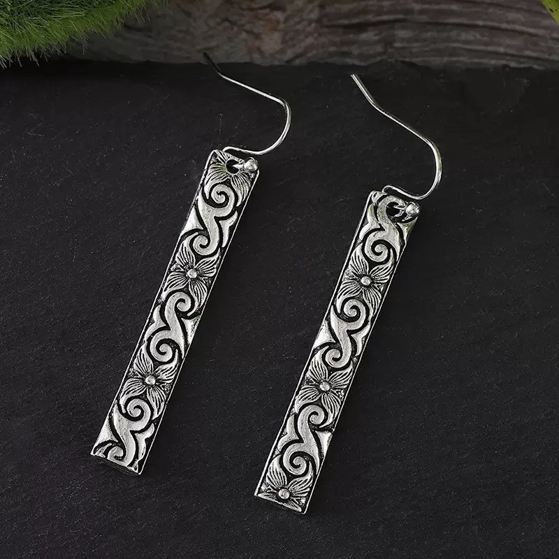 Silver Hook Boho Bar Drop Earrings Vintage Floral Engraved Dangle Earrings B02