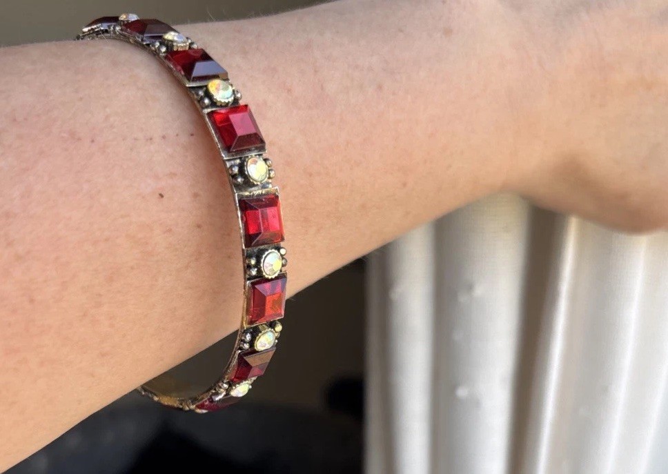 1950s/1960s Retro Ruby Red & Aurora Borealis Rhinestone patina Bangle Bracelet
