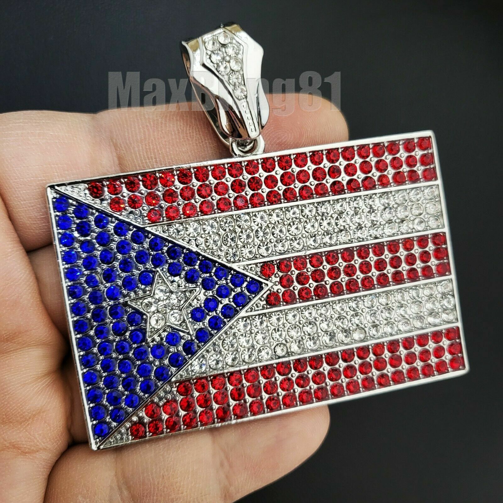 Puerto Rico Flag Bling Pendant 16″ 18″ 20″ 24″ Iced Cuban Chain Hip Hop Necklace