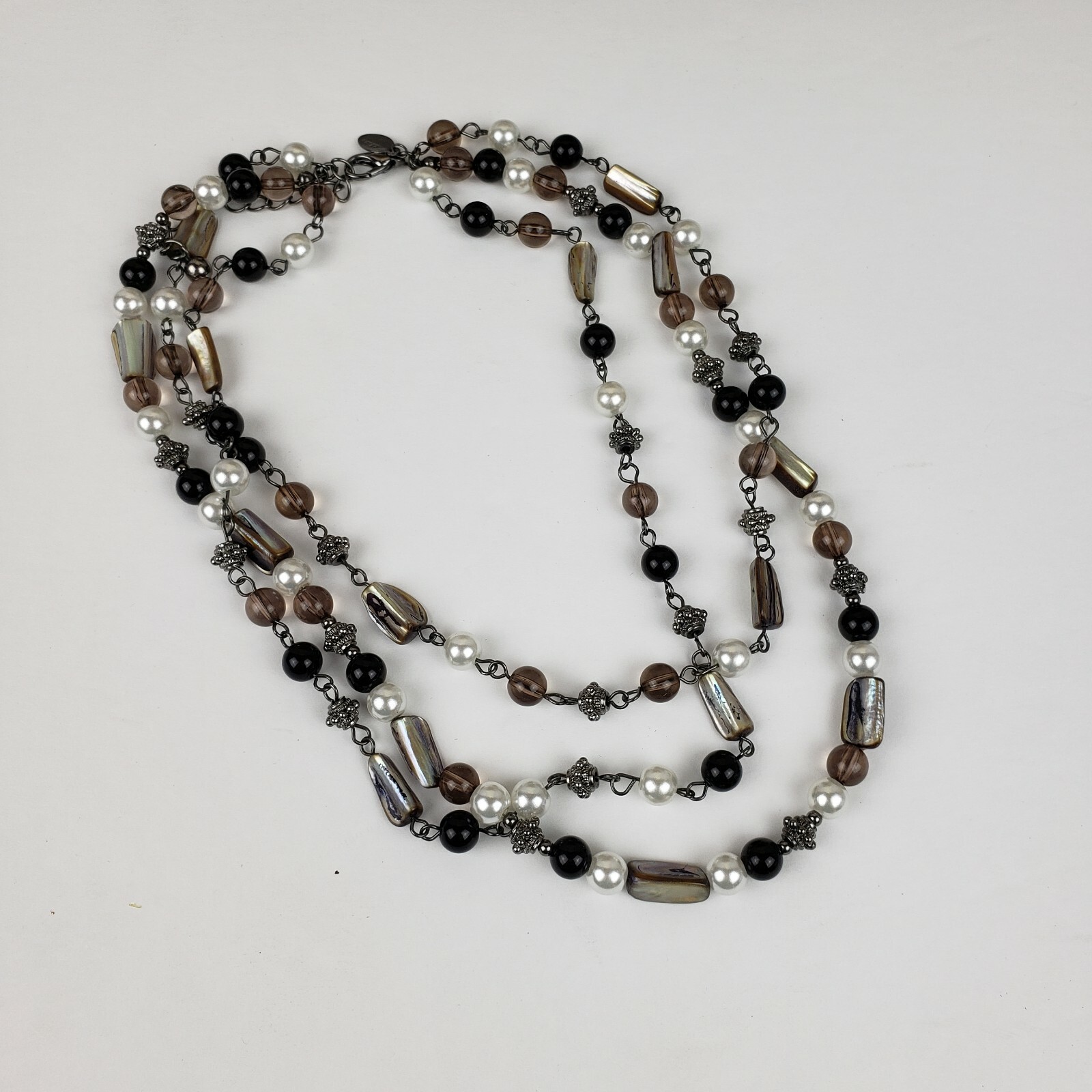 Laila Rowe Multi Strand Shell Glass Pearl Beaded Necklace Adjustable Silver Tone