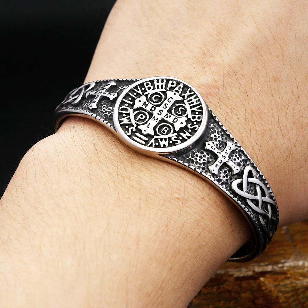 Stainless Steel Cross Open Cuff Bracelet for Men Women Biker Bangle
