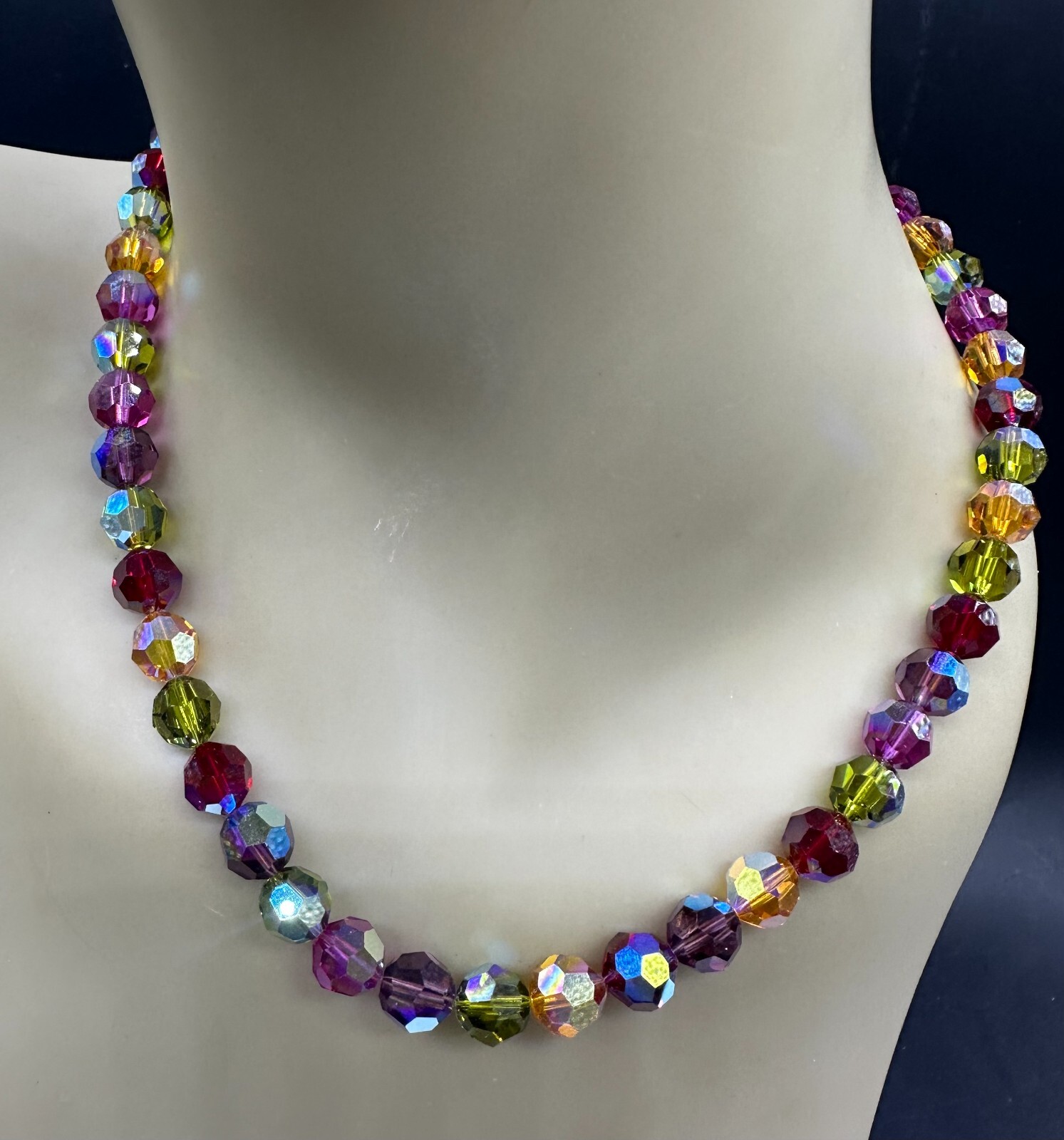 ESTATE STERLING SILVER ART GLASS RAINBOW RIVOLI BEAD STRAND STRING NECKLACE 21″