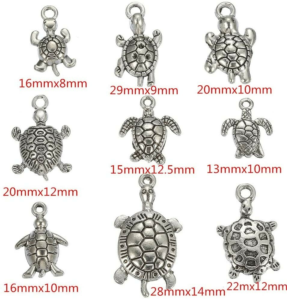 9 Turtle Charms Antique Silver Tone Tortoise Pendants Nautical Sea Life Assorted