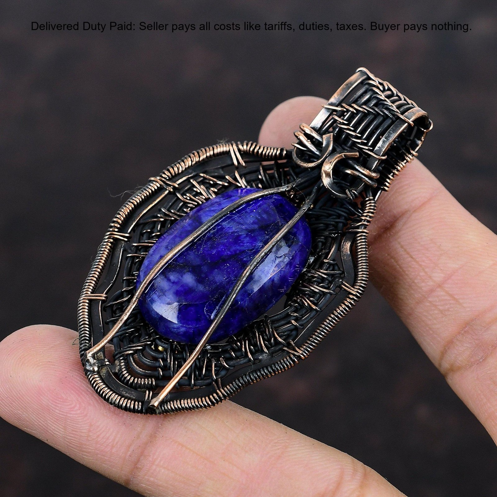 Oval Blue Saphire Gemstone Wedding Wire Wrapped Wife Boho Pendant Jewelry Copper