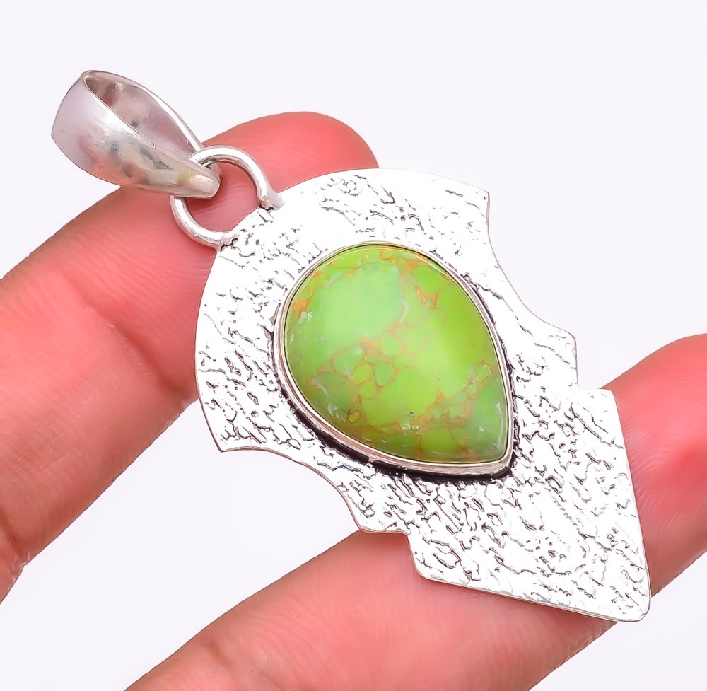 Copper Green Turquoise Gemstone 925 Silver Plated Pendant 2.5″ T8643