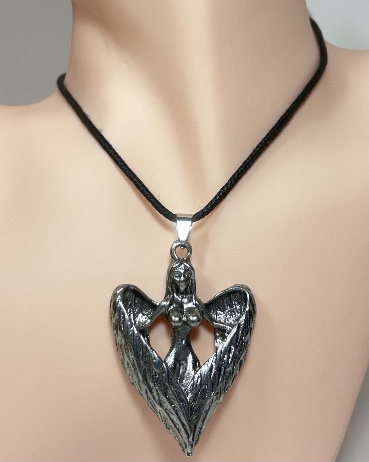 Winged Fairy Pendant Necklace Silver Tone Nude Lady Faux Leather Cord Brutalist