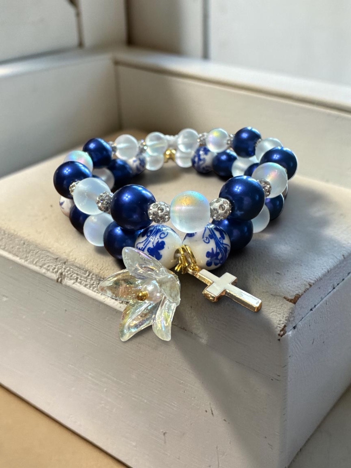Artisan Handmade Beaded Bracelet Floral Cross Charm Blue White Unique Gift
