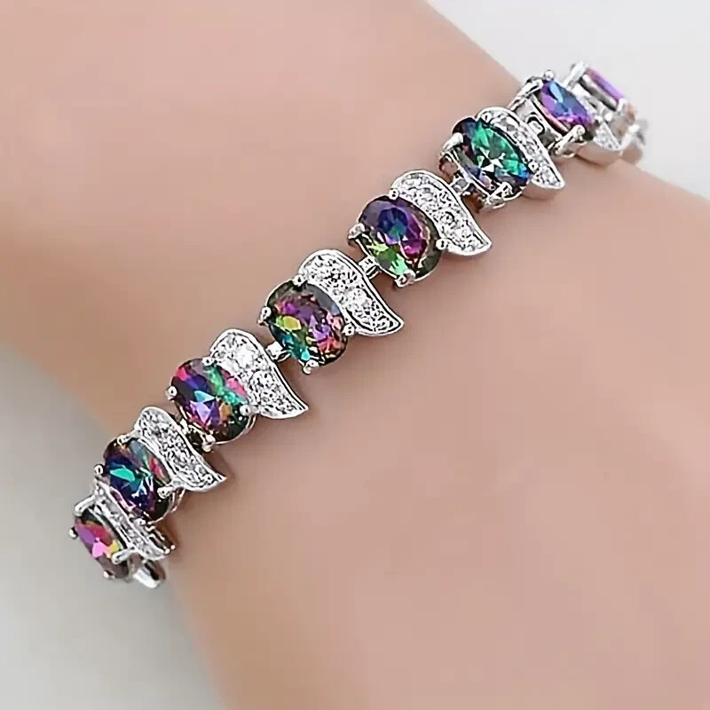 Elegant 925 Sterling Silver Fire Rainbow Mystical Topaz Fashion Jewelry Bracelet