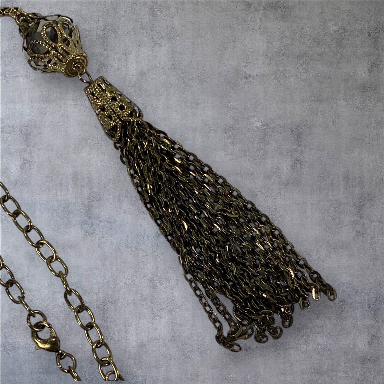 Vintage Antiqued Brass Necklace Link Chain Filigree 29 in + Tassel Pendant