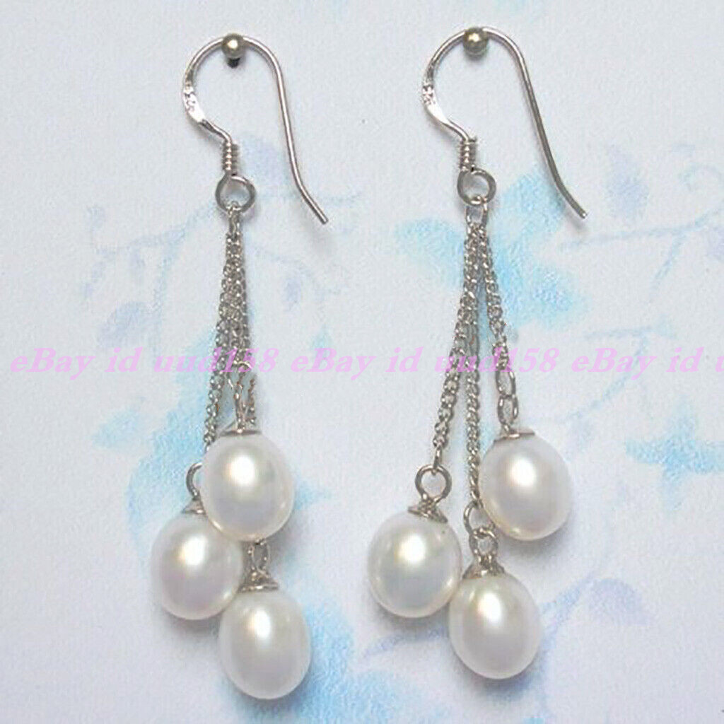 6-7mm Natural White Freshwater Pearl Drop Dangle Silver Hook Earrings