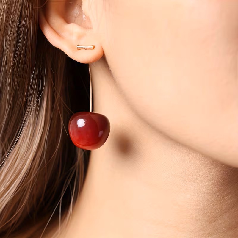 Sweet Red Cherry Dangle Earrings Cute Fruit Drop Statement Fashion Jewelry